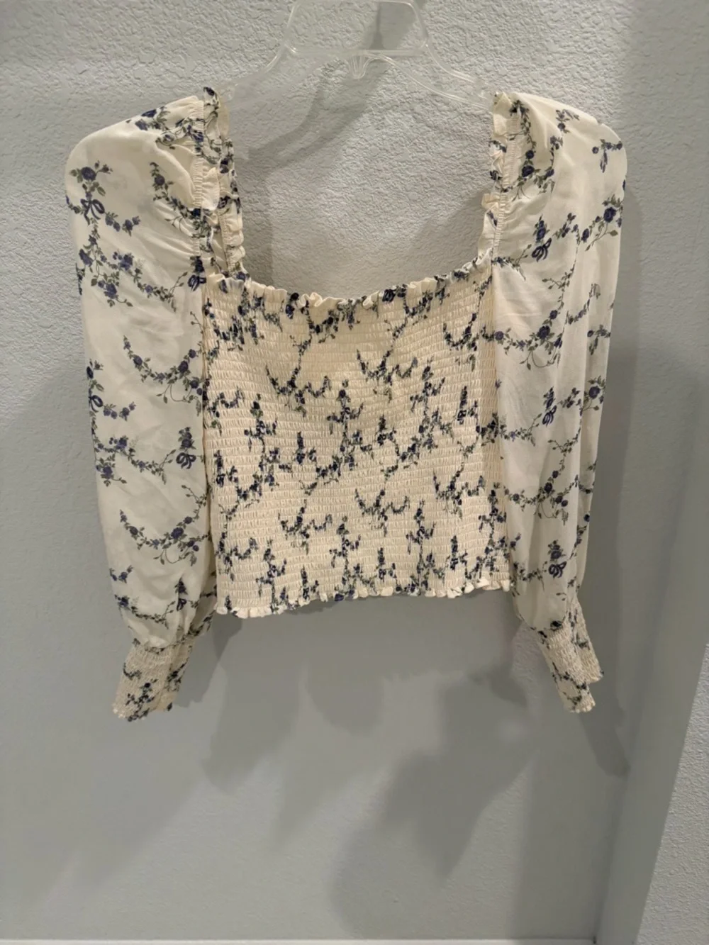Reformation Cream Floral Smocked Square-Neck Crop Top with Blue Print